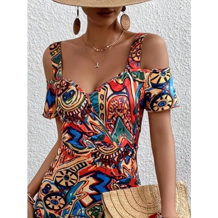 Kadın Omuzlardan Açıl Askılı Desenli Süprem Elbise