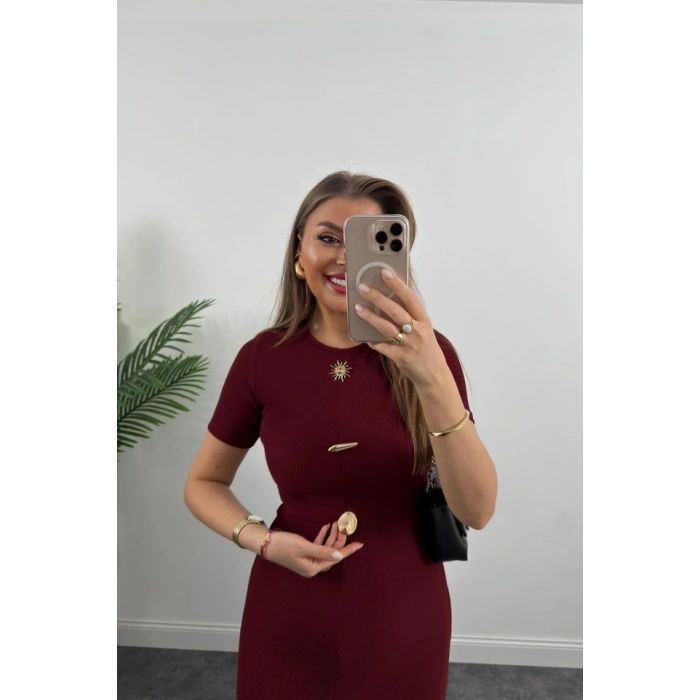 Kadın Ottoman Kumaş Likralı Düğme Tasarımlı Kısa Kol Kalem Elbise