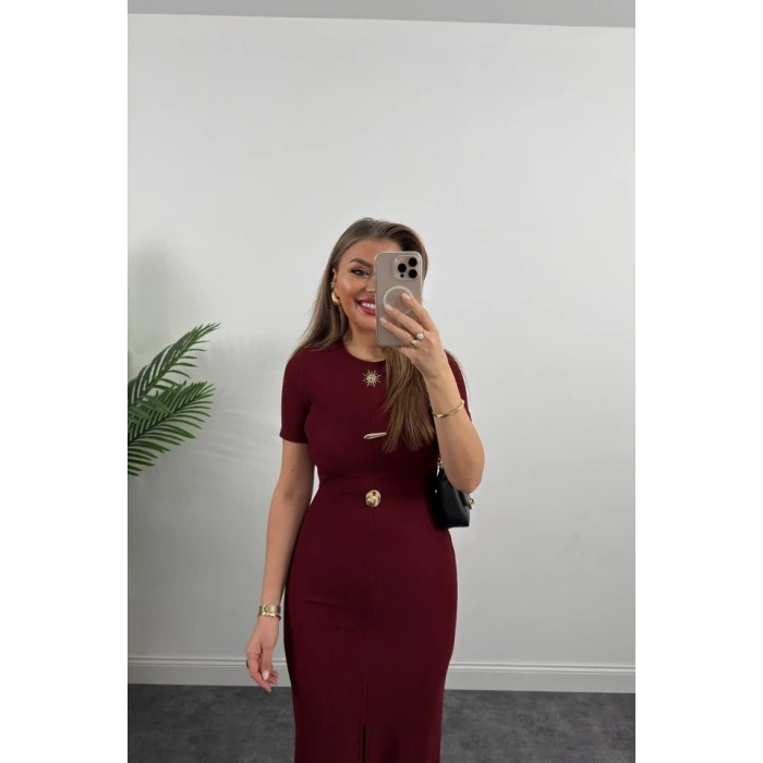 Kadın Ottoman Kumaş Likralı Düğme Tasarımlı Kısa Kol Kalem Elbise