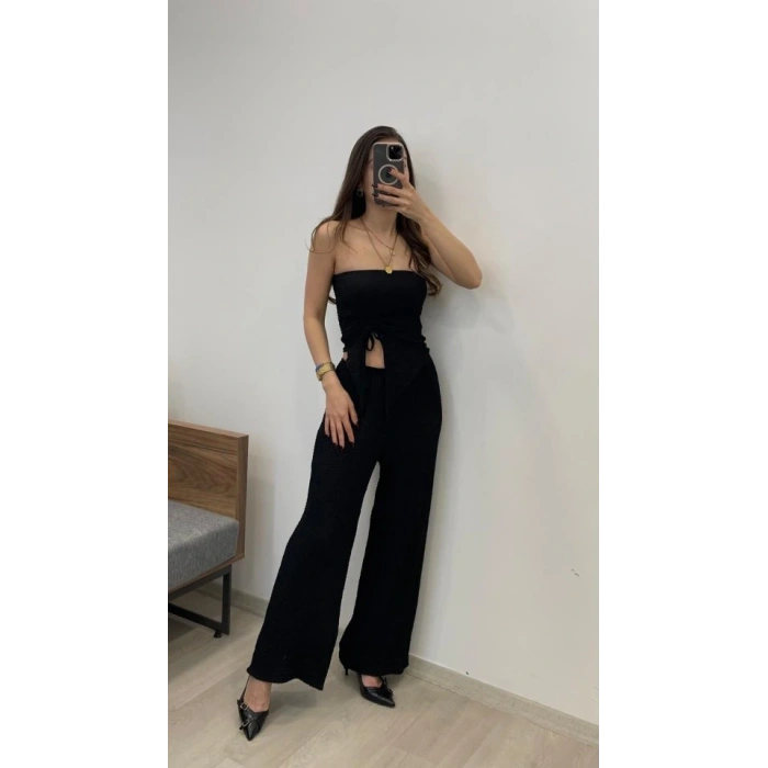 Kadın Sendy Kumaş Bağcık Detaylı Asimetrik Takım