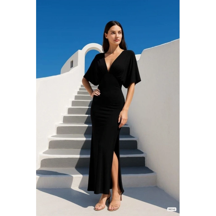 Kadın Sendy Kumaş Yırtmaç Detaylı V Yaka Elbise