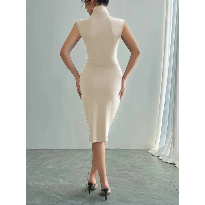 Kadın Sıfır Kol Derin V Yakalı Ithal Krep Elbise