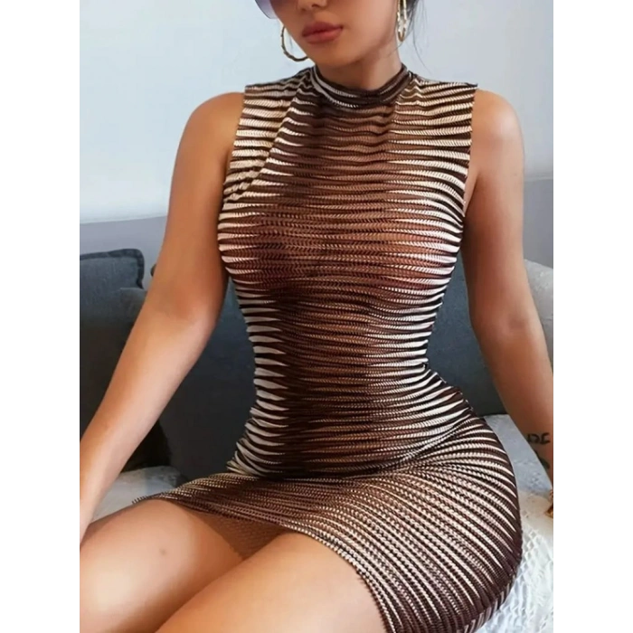 Kadın Sıfır Kol Desenli Mini Bodycon Dalgıç Elbise