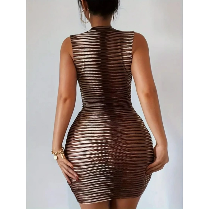 Kadın Sıfır Kol Desenli Mini Bodycon Dalgıç Elbise