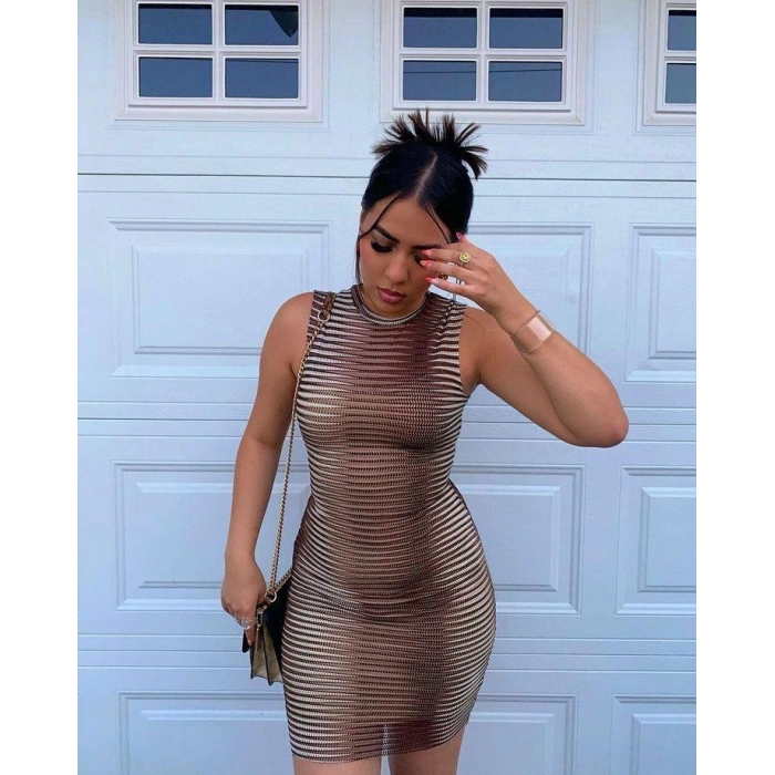 Kadın Sıfır Kol Desenli Mini Bodycon Dalgıç Elbise