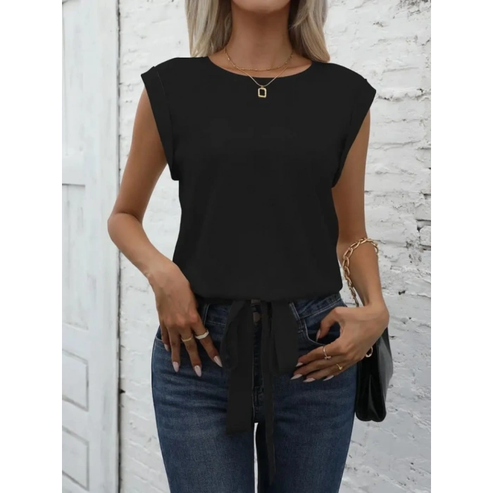 Kadın Sıfır Kol Etek Ucu Bağlama Detay Ithal Krep Bluz