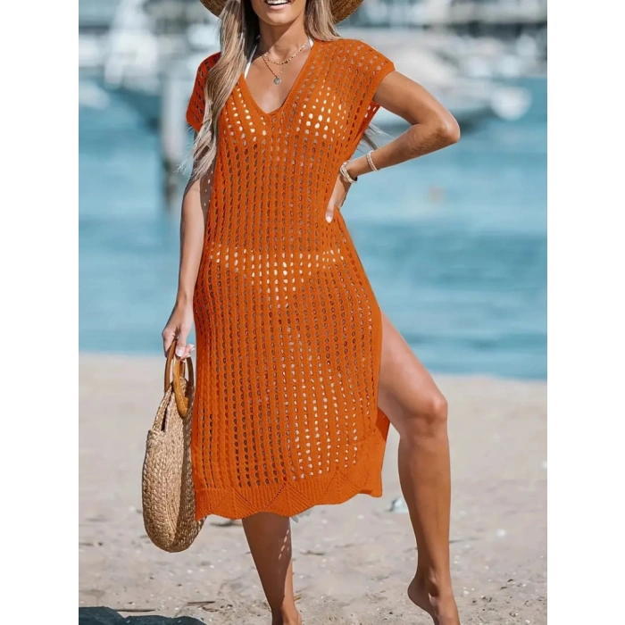 Kadın Sıfır Kol V Yaka Yanı Derin Yırtmaçlı Midi Boy Triko Elbise