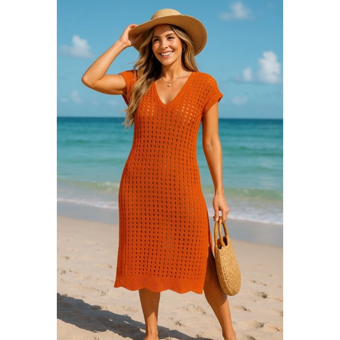 Kadın Sıfır Kol V Yaka Yanı Derin Yırtmaçlı Midi Boy Triko Elbise