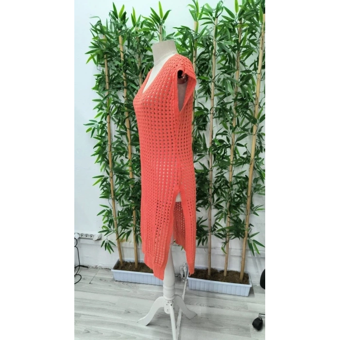 Kadın Sıfır Kol V Yaka Yanı Derin Yırtmaçlı Midi Boy Triko Elbise