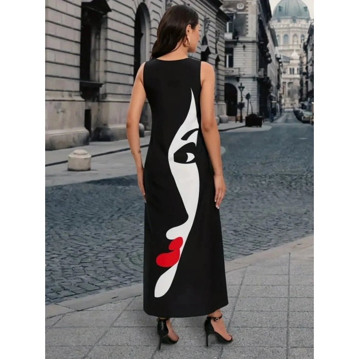 Kadın Sıfır Kol V Yakalı Kadın Yüz Desenli Süprem Elbise