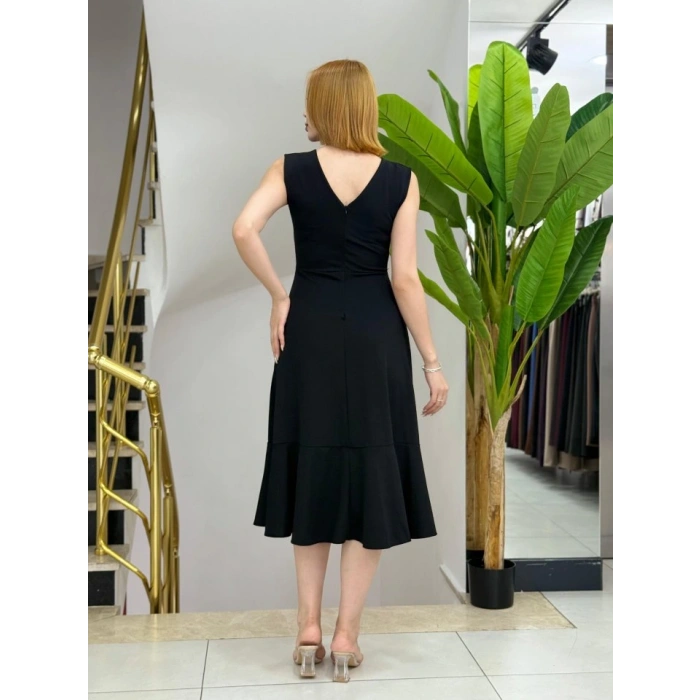 Kadın Sıfır Kollu Belden Büzgülü Eteği Volanlı Asimetrik Kesim Midi Janjan Krep Elbise