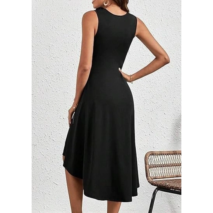 Kadın Sıfır Kollu Bisiklet Yaka Büzgülü Asimetrik Kesim Detaylı Janjan Krep Elbise