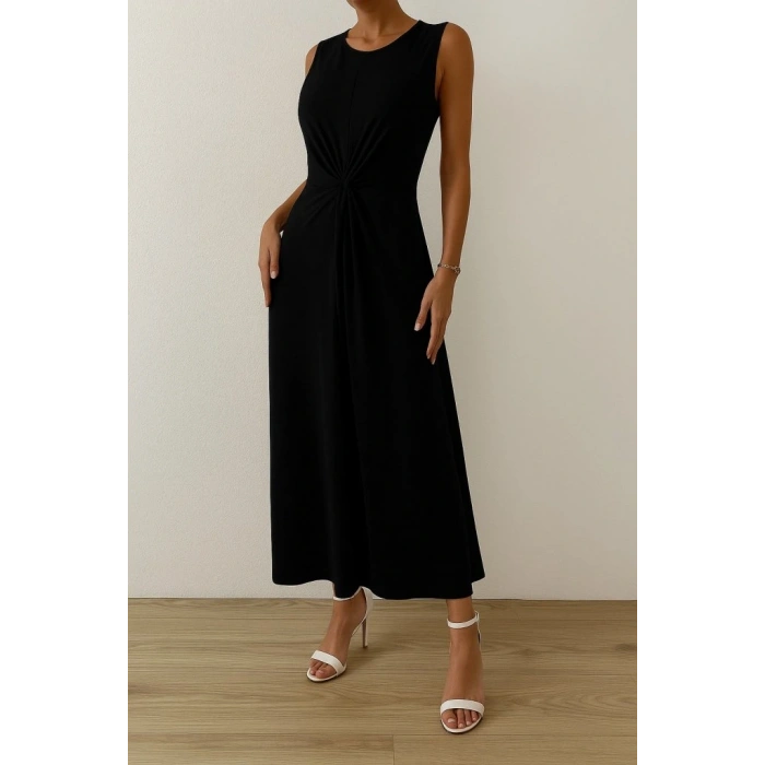Kadın Sıfır Kollu Bisiklet Yaka Yandan Büzgü Detaylı Viskon Elbise
