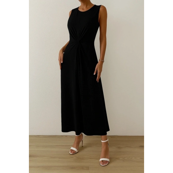 Kadın Sıfır Kollu Bisiklet Yaka Yandan Büzgü Detaylı Viskon Elbise