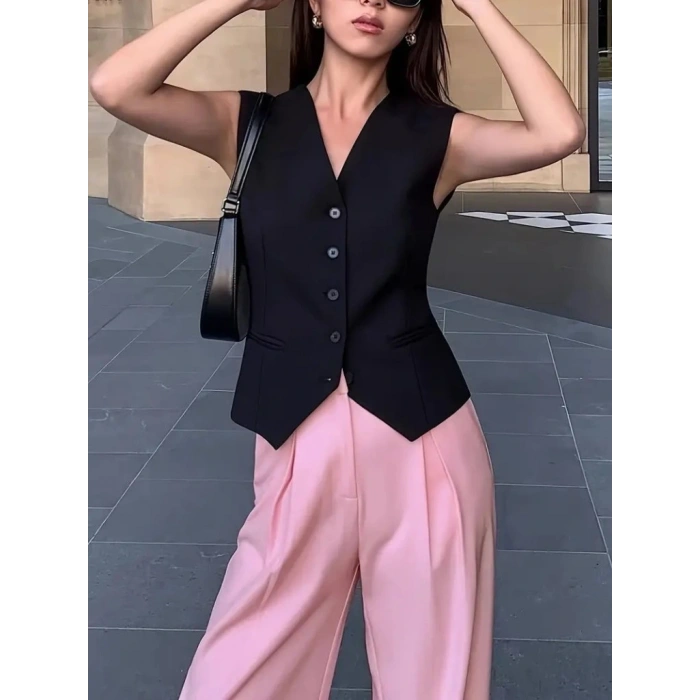 Kadın Sıfır Kollu önden Düğmeli Atlas Yelek