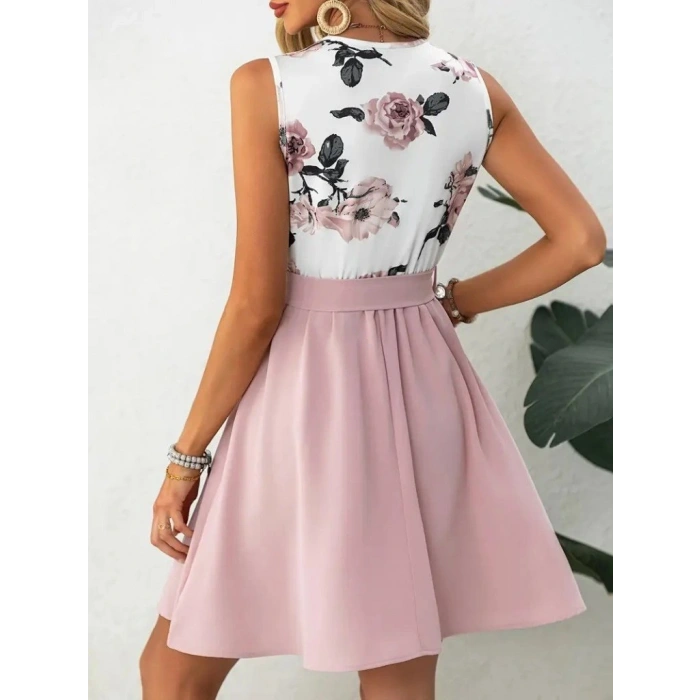 Kadın Sıfır Kollu V Yakalı çiçek Baskılı Beli Kuşaklı Dalgıç Elbise