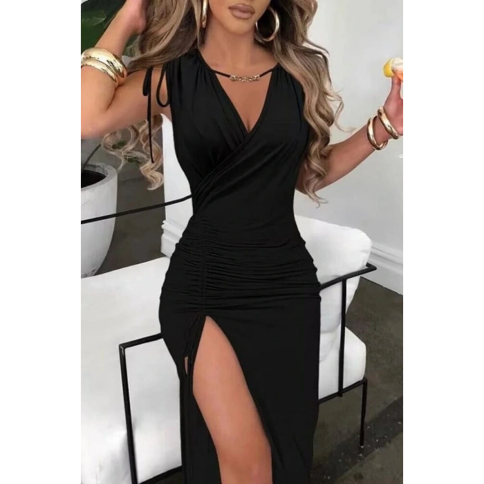 Kadın Sıfır Kollu V Yakalı Yırtmaç Detaylı Beli Büzgülü Omuzdan Bağcıklı Sandy Maxi Elbise