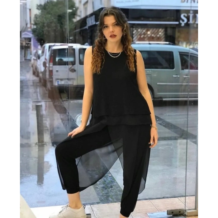 Kadın Şifon Detaylı Lastikli Şalvar Pantolon