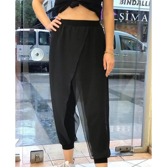 Kadın Şifon Detaylı Lastikli Şalvar Pantolon