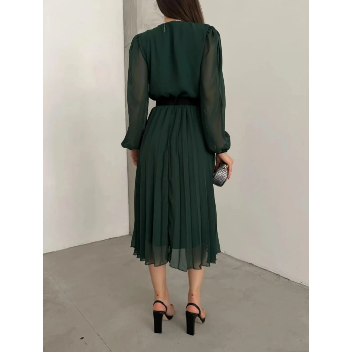 Kadın şifon Kumaş Astalı Kloş Kesim Kruvaze Yaka Midi Boy Elbise