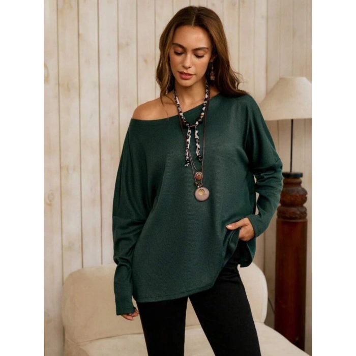 Kadın Tek Omuzdan Açık Yarasa Kollu Waffle Bluz