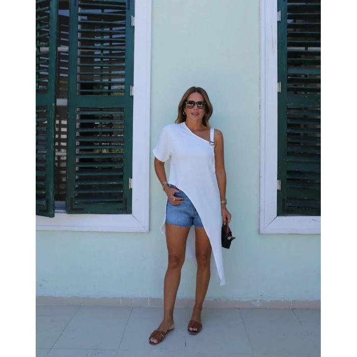 Kadın Tek Omuzu Açık Askılı Asimetrik Kesim Detaylı Bluz