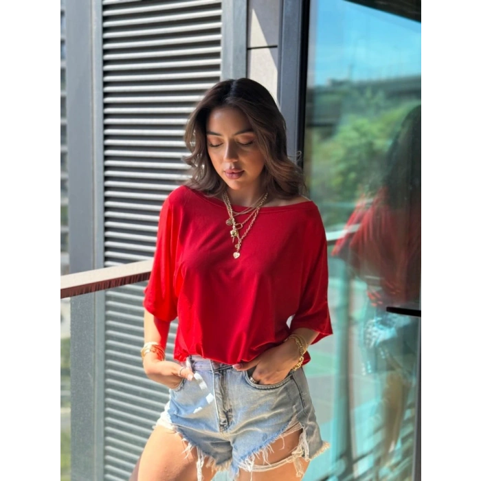 Kadın Tek Omuzu Açık Kısa Kollu Salaş Viskon Bluz