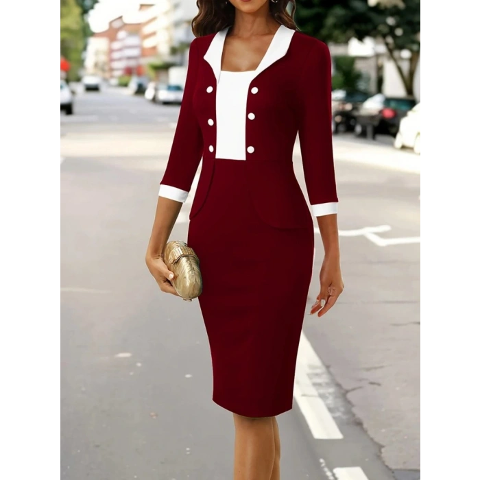 Kadın Truvakar Kol çift Renkli Düğmeli Kısa Ithal Krep Elbise