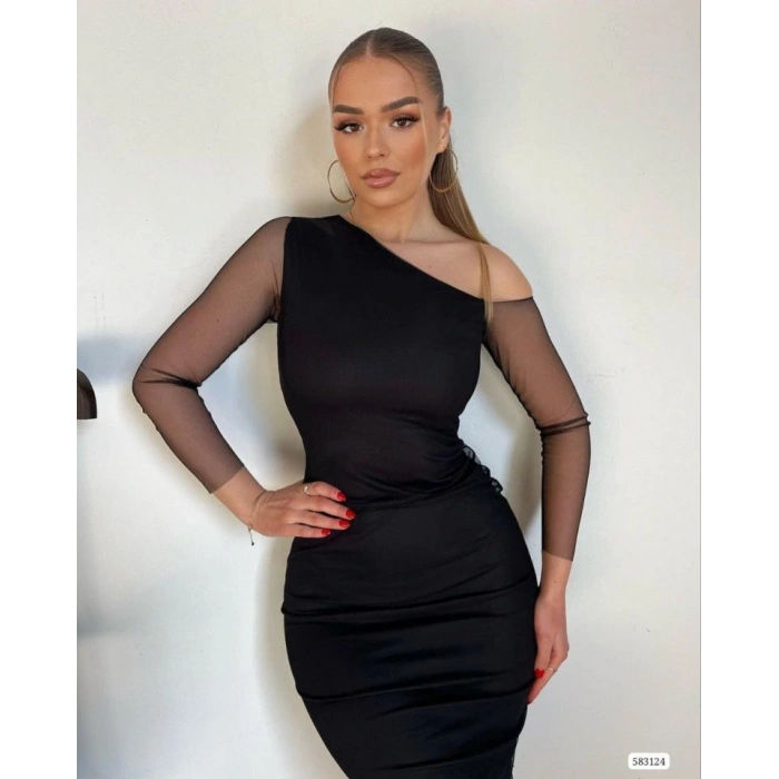 Kadın Tül Astarlı Tek Omuz Detaylı Elbise