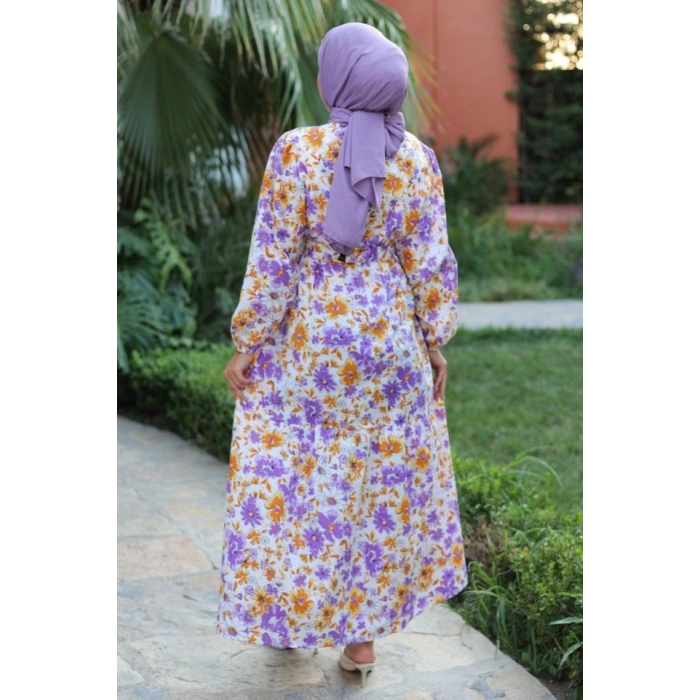 Kadın Uzun Çiçek Yaprak Desenli Belden Bağlamalı Elbise