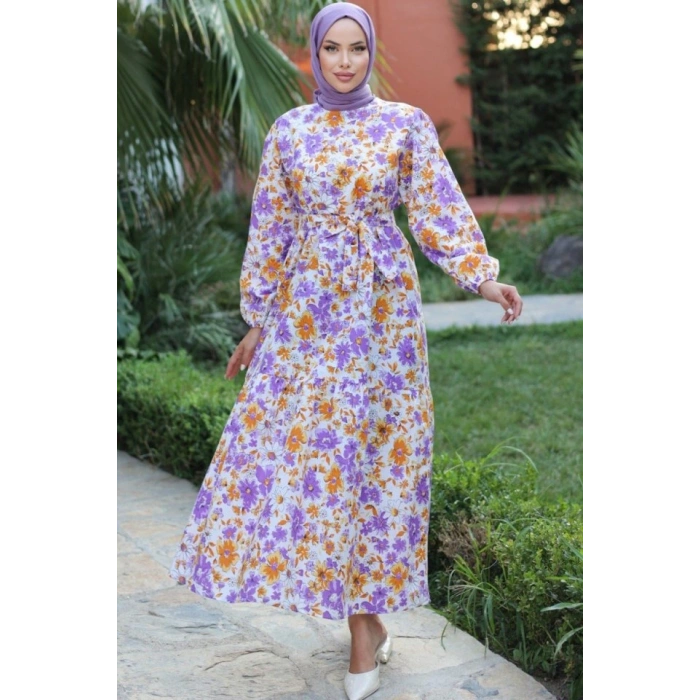 Kadın Uzun Çiçek Yaprak Desenli Belden Bağlamalı Elbise