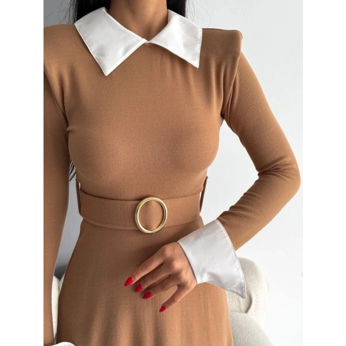 Kadın Uzun Kol Gömlek Yaka Ve Vatka Detay Kemer Dahil Midi Boy Elbise