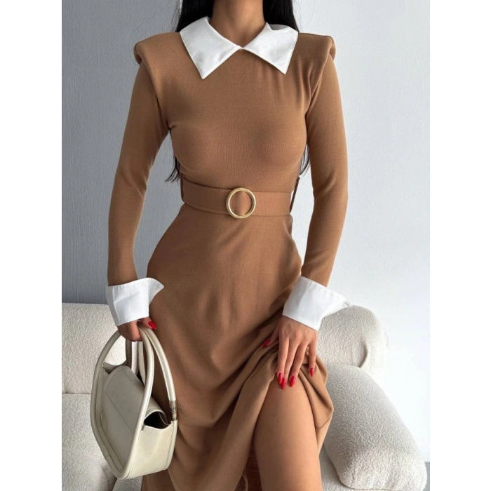 Kadın Uzun Kol Gömlek Yaka Ve Vatka Detay Kemer Dahil Midi Boy Elbise