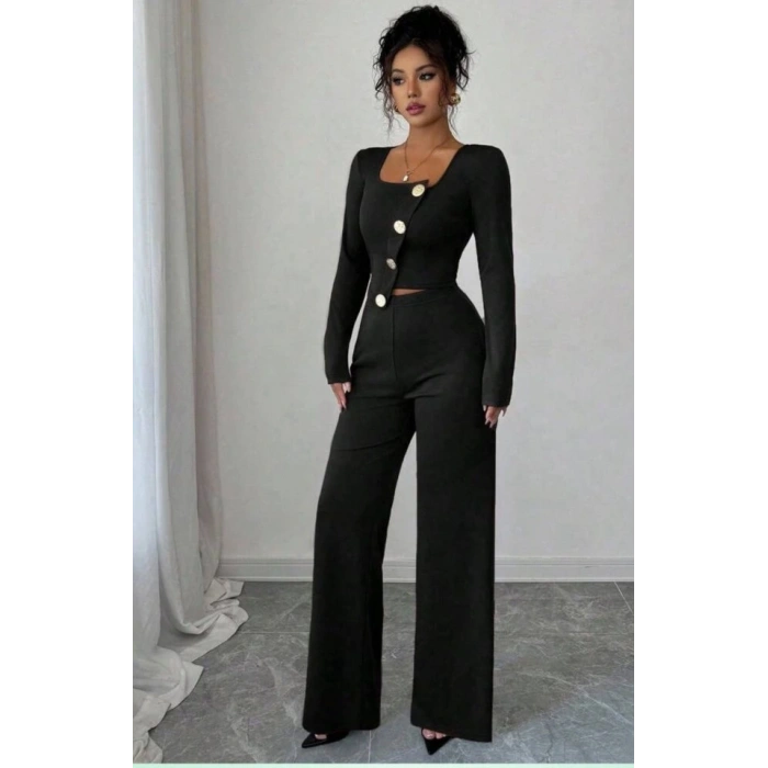 Kadın Uzun Kol Kare Yaka Asimetrik Düğme Detay Bluz Ve Yüksek Bel Pantolon Ikili Takım