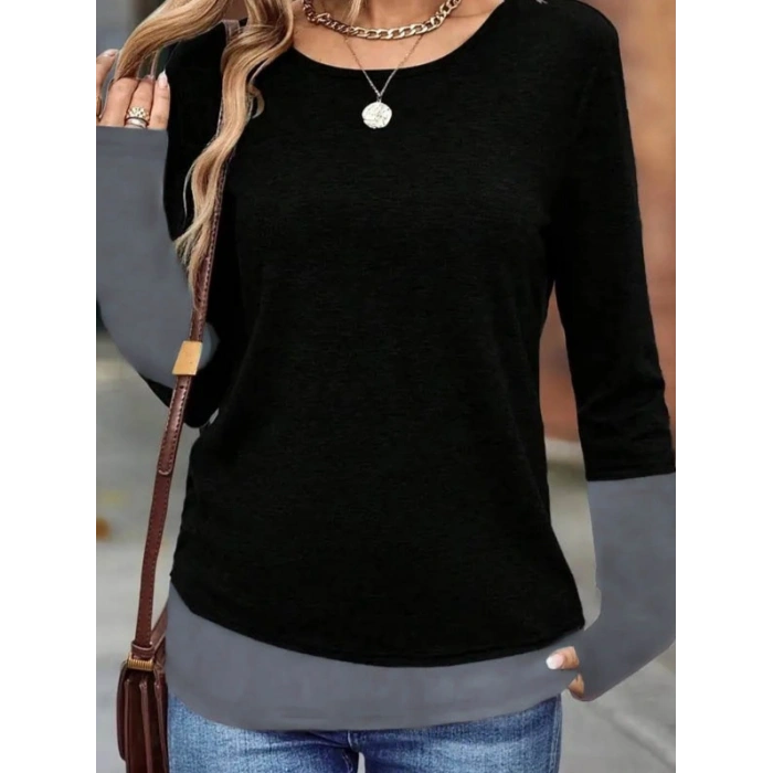 Kadın Uzun Kollu Açık Yuvarlak Yaka Blok Renkli Viskon Bluz