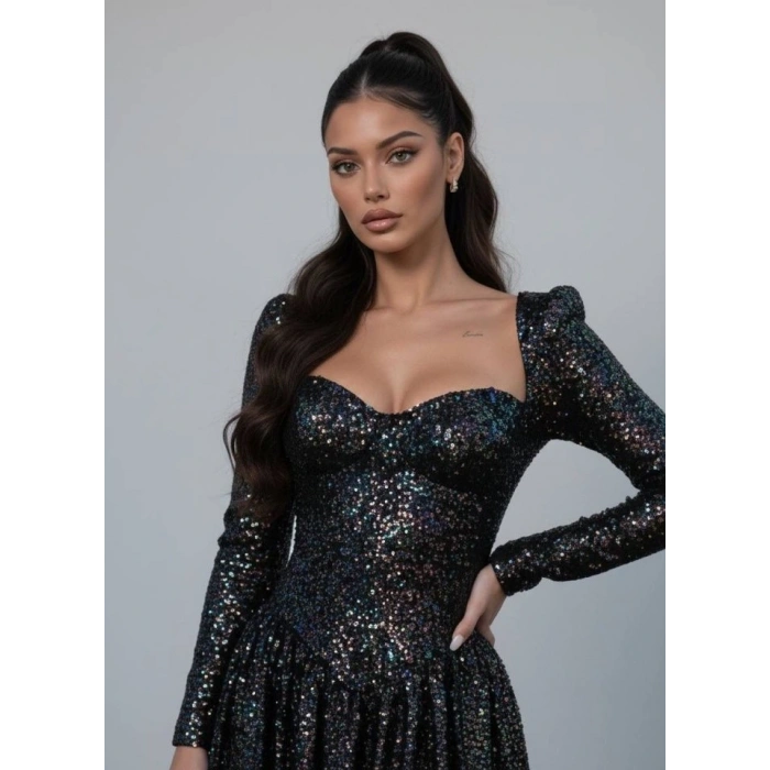 Kadın Uzun Kollu Armut Yaka Pul Payet Işlemeli Mini Gece Elbisesi