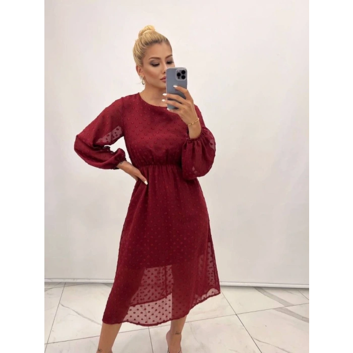 Kadın Uzun Kollu Astar Detay Fırsat ürün Ponpon şifon Elbise