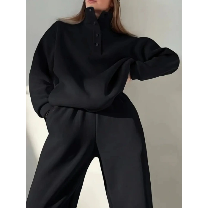 Kadın Uzun Kollu Balıkçı Dik Yakalı Düğmeli üç Iplik Bluz Ve Pantolon Ikili Takım