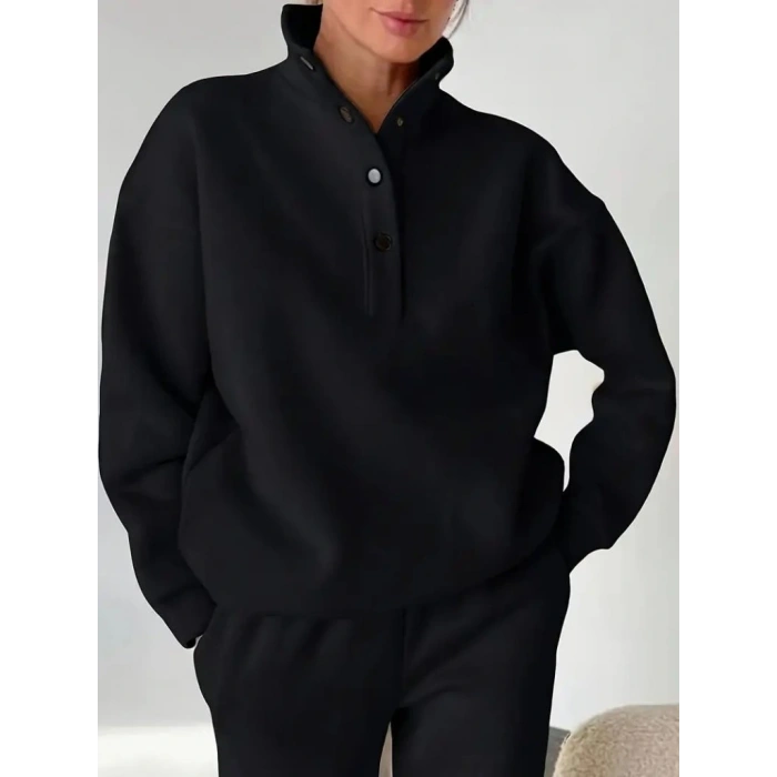 Kadın Uzun Kollu Balıkçı Dik Yakalı Düğmeli üç Iplik Bluz Ve Pantolon Ikili Takım