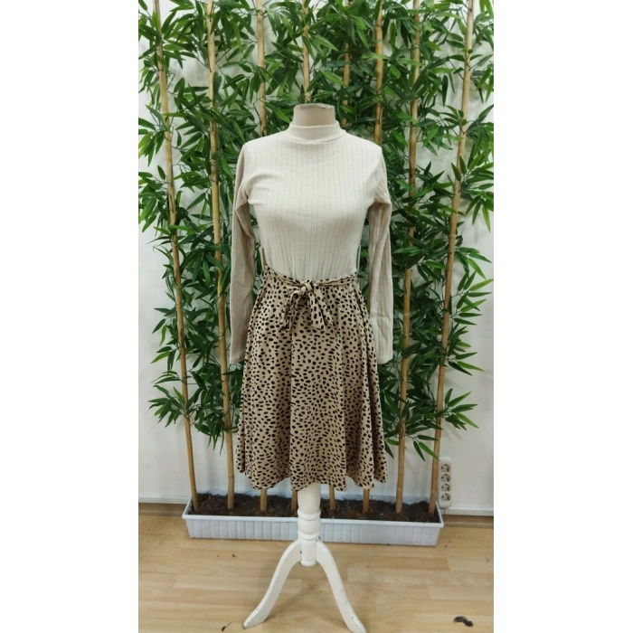 Kadın Uzun Kollu Balıkçı Yaka Belden Bağlamalı üst Kaşkorse Eteği Dalgıç Elbise