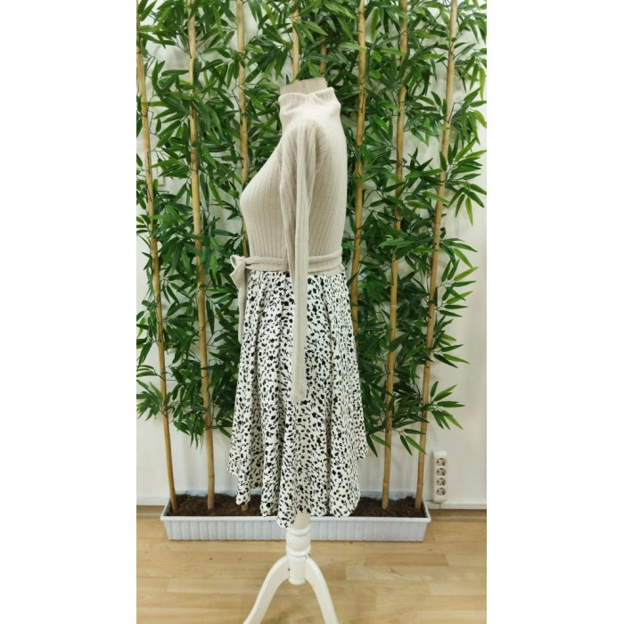 Kadın Uzun Kollu Balıkçı Yaka Belden Bağlamalı üst Kaşkorse Eteği Dalgıç Kısa Elbise