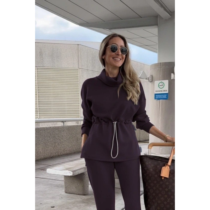 Kadın Uzun Kollu Balıkçı Yaka Belden Lastikli Modal Bluz Ve Pantolon Ikili Takım