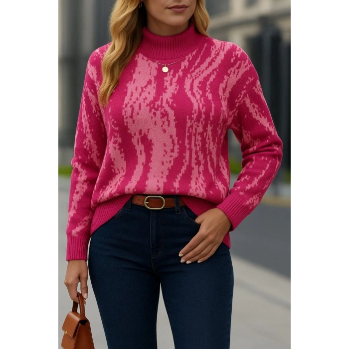 Kadın Uzun Kollu Balıkçı Yaka çok Renkli Triko Bluz