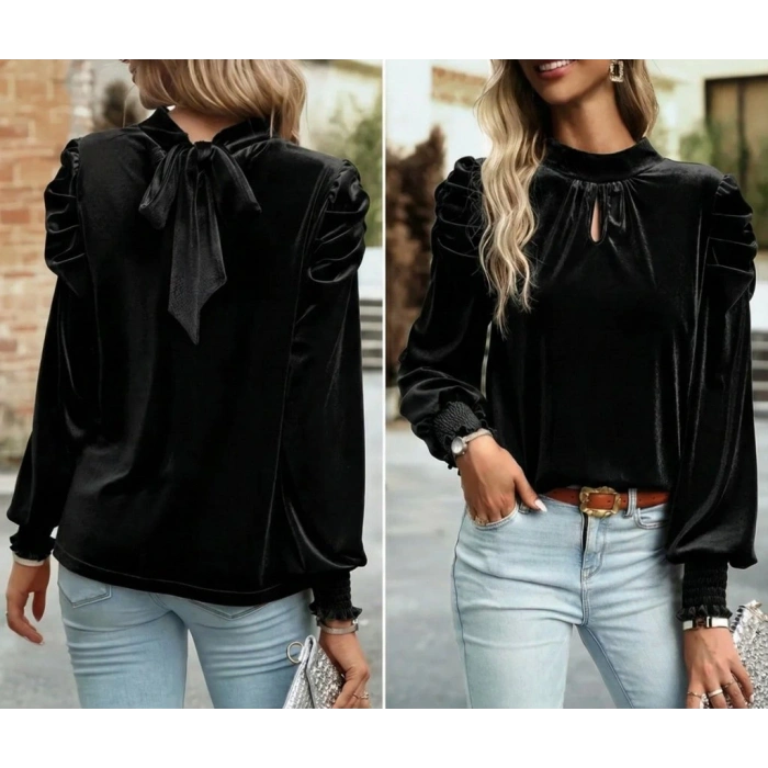 Kadın Uzun Kollu Balıkçı Yaka Damla Detaylı Kadife Bluz