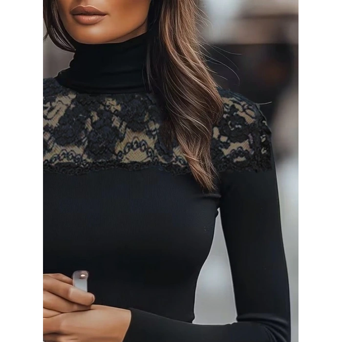 Kadın Uzun Kollu Balıkçı Yaka Dantelli Kaşkorse Bluz