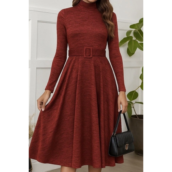 Kadın Uzun Kollu Balıkçı Yaka Kemer Detaylı Yumoş Midi Elbise