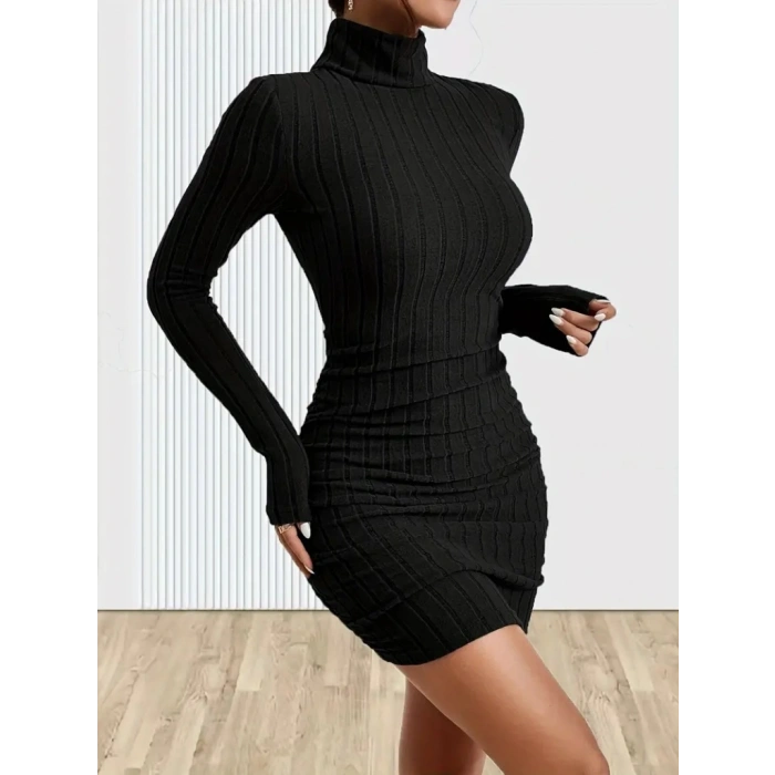 Kadın Uzun Kollu Balıkçı Yaka Kısa şardonlu Kaşkorse Elbise