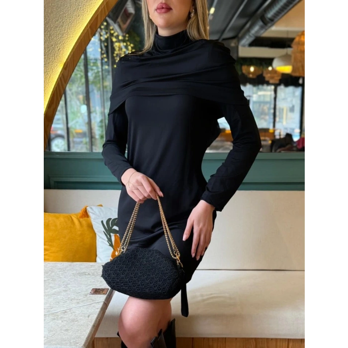 Kadın Uzun Kollu Balıkçı Yaka Omuz Katlamalı Dalgıç Kısa Elbise