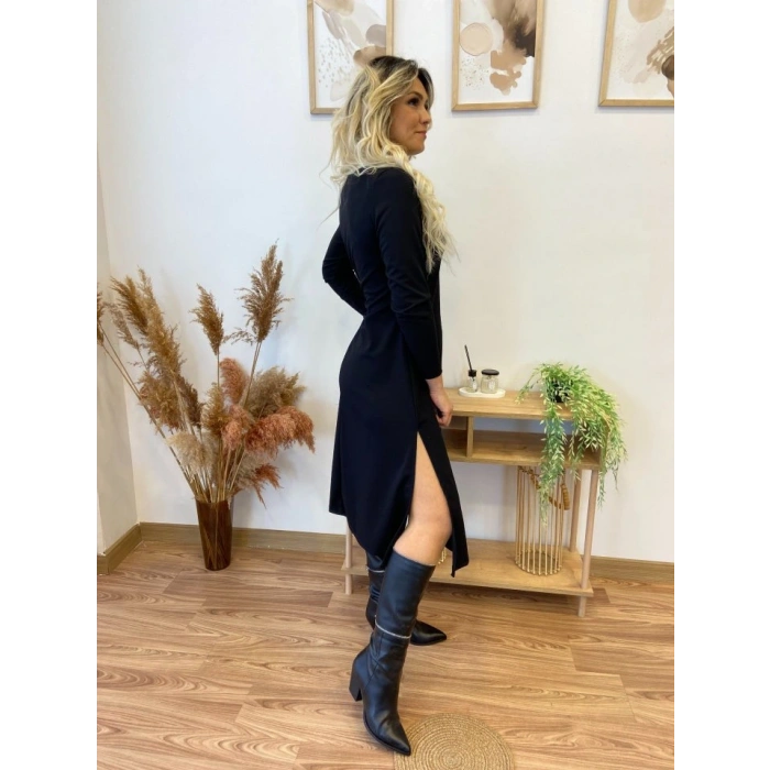 Kadın Uzun Kollu Balıkçı Yaka Omuzda Damla Detaylı Yırtmaçlı Krep Midi Elbise