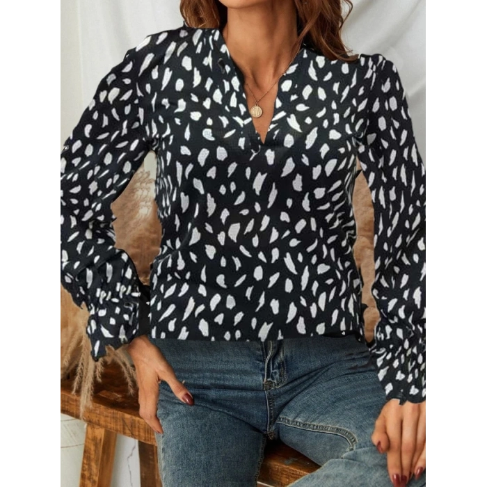 Kadın Uzun Kollu Baskılı Hakim Yaka Helen Kumaş Bluz
